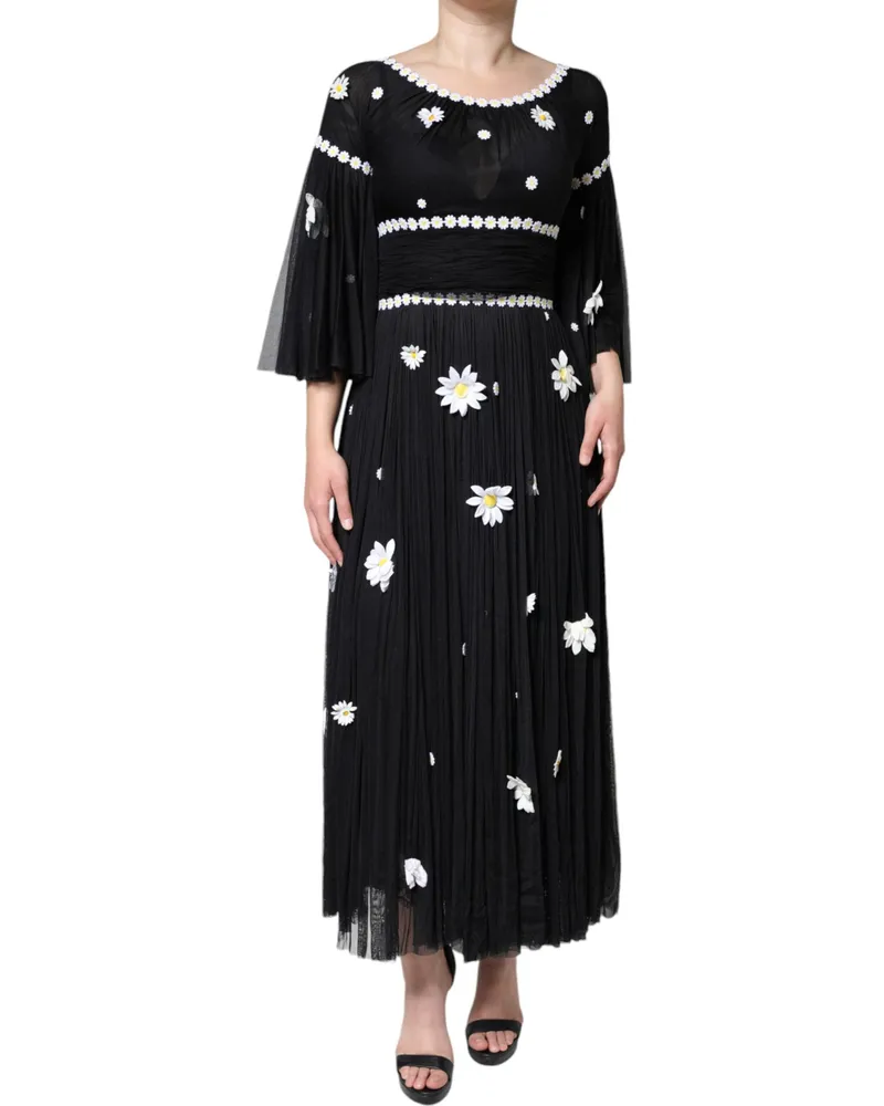Dolce & Gabbana Women Black Silk Daisy A-Line Long Maxi Dress Black
