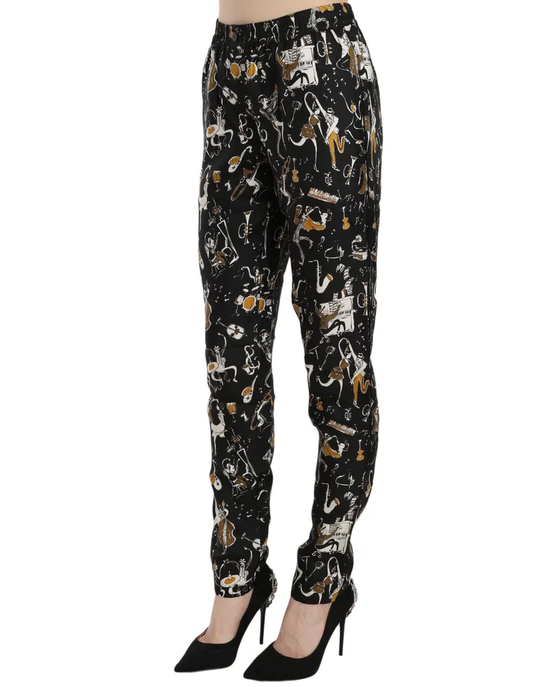 Dolce & Gabbana Women's Black Jazz Club Print High Waist Tapered Pants Silk Black