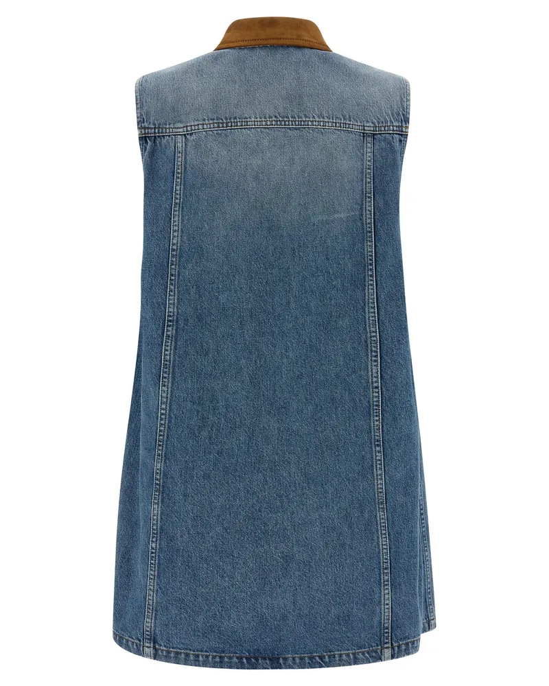 Versace Suede-Collar Denim Dress — Blue Blue