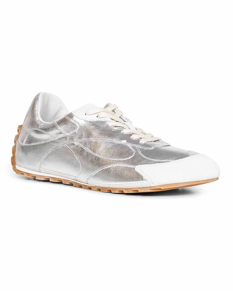 Bottega Veneta Men's Silver Laminated Leather Orbit Flash Sneakers Calf Trainers Silver