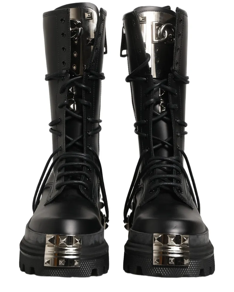 Dolce & Gabbana Men's Black Stud Platform Combat High Boots Shoes Leather Black