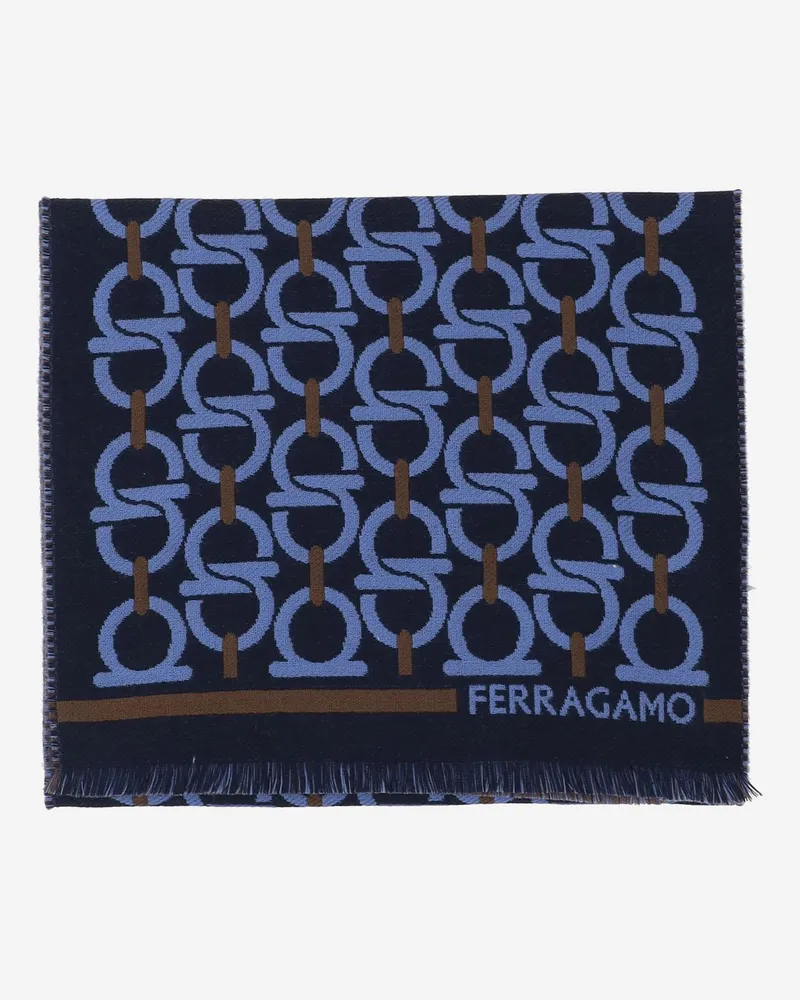 Ferragamo Men's Wool Scarf With Hook Pattern Multicolour Scarfs Navy