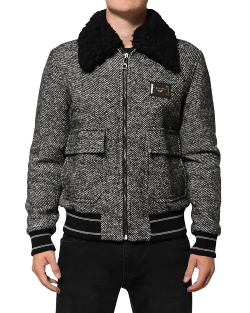 Dolce & Gabbana Men's Gray Wool Herringbone Shearling Collar Bomber Jacket Black And Clothing Gray