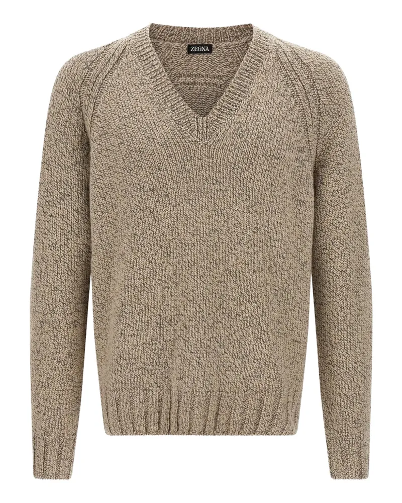 Ermenegildo Zegna Cashmere-Blend V-Neck Sweater — Beige Beige