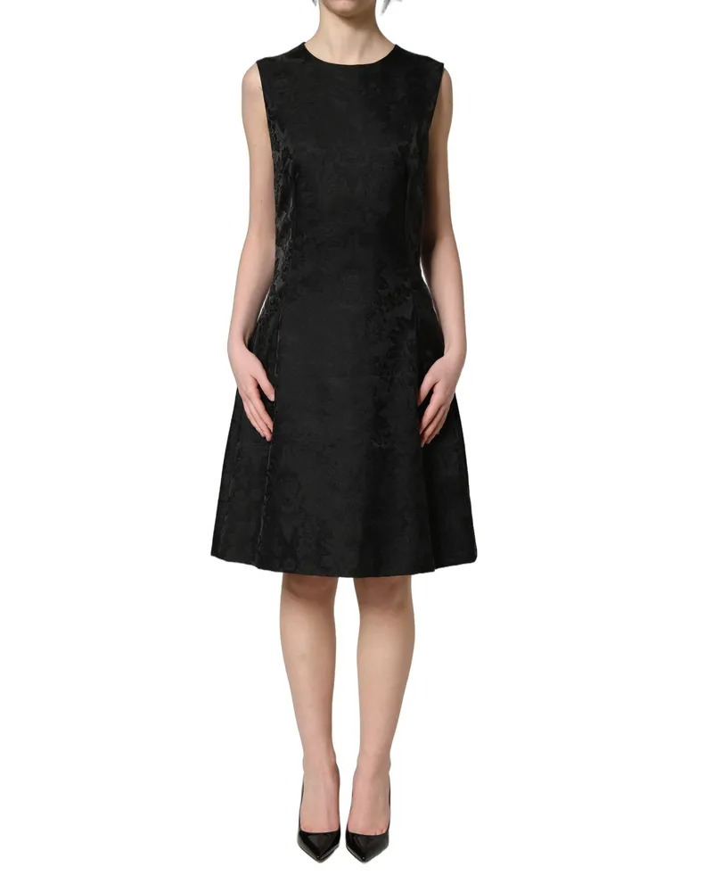 Dolce & Gabbana Women Black Floral Jacquard Sleeveless A-Line Dress Nylon Black
