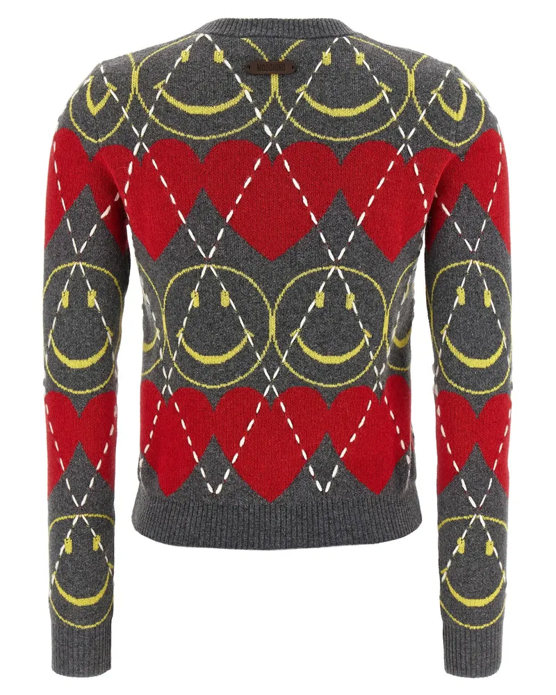 Moschino Smiley Intarsia Sweater — Charcoal Red