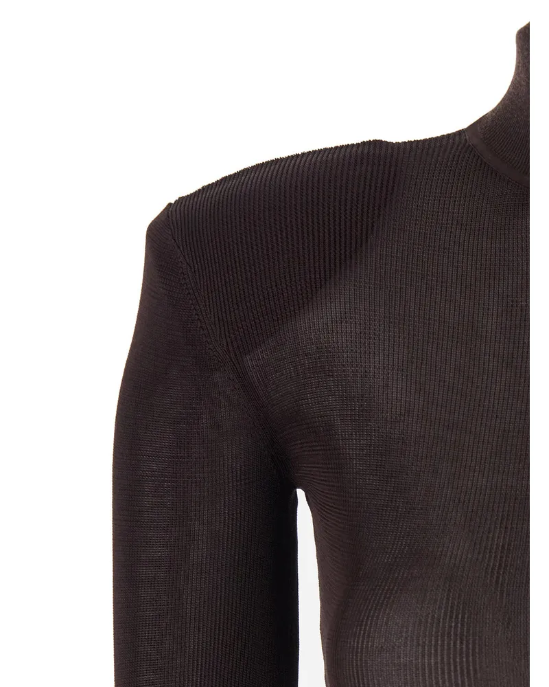 Self-Portrait Turtleneck Shoulder-Pad Dress — Brown Brown