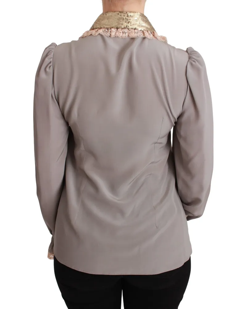 Dolce & Gabbana Women's Gray Silk Gold Sequin Lace Blouse Shirt Gray