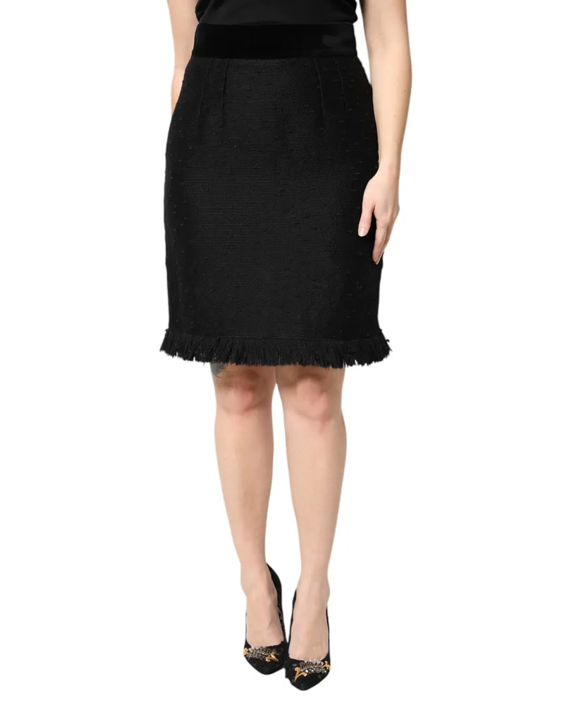 Dolce & Gabbana Women's Black Wool Fringe High Waist Pencil Mini Skirt Black