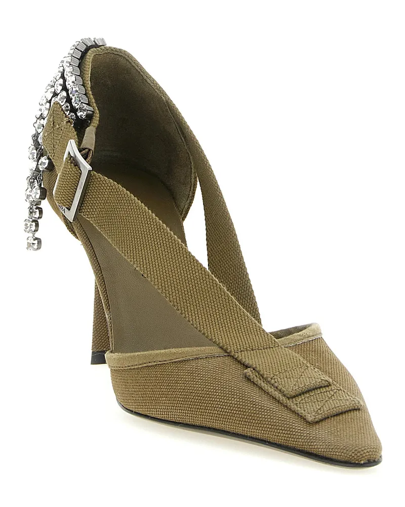 Prada Crystal-Embellished Canvas Pump — Olive Olive