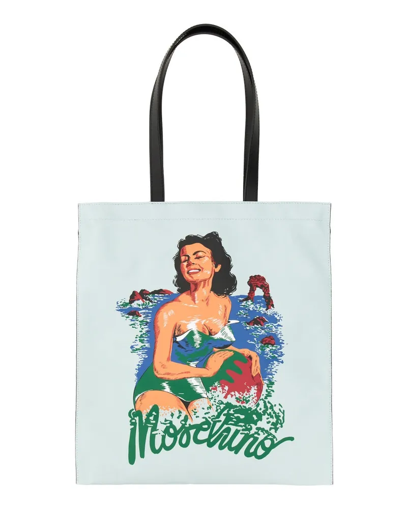 Moschino Men's Hawaiian Print Tote Bag Azure Cotton Shoulder Blue