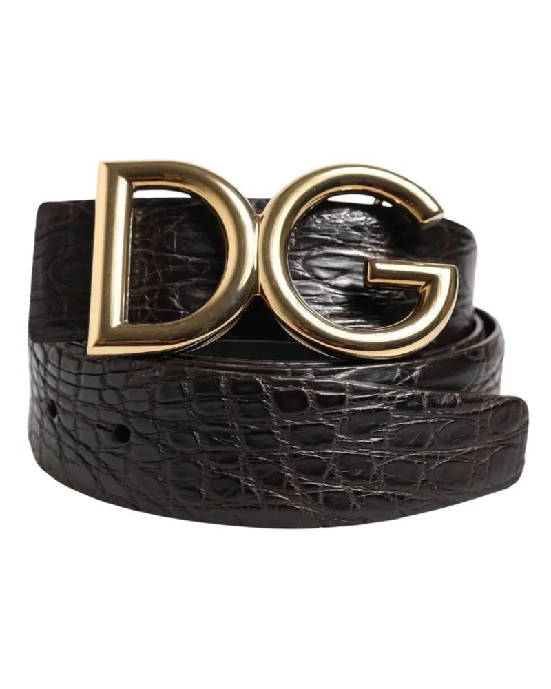 Dolce & Gabbana Crocodile-Embossed Logo Buckle Belt — Black Black