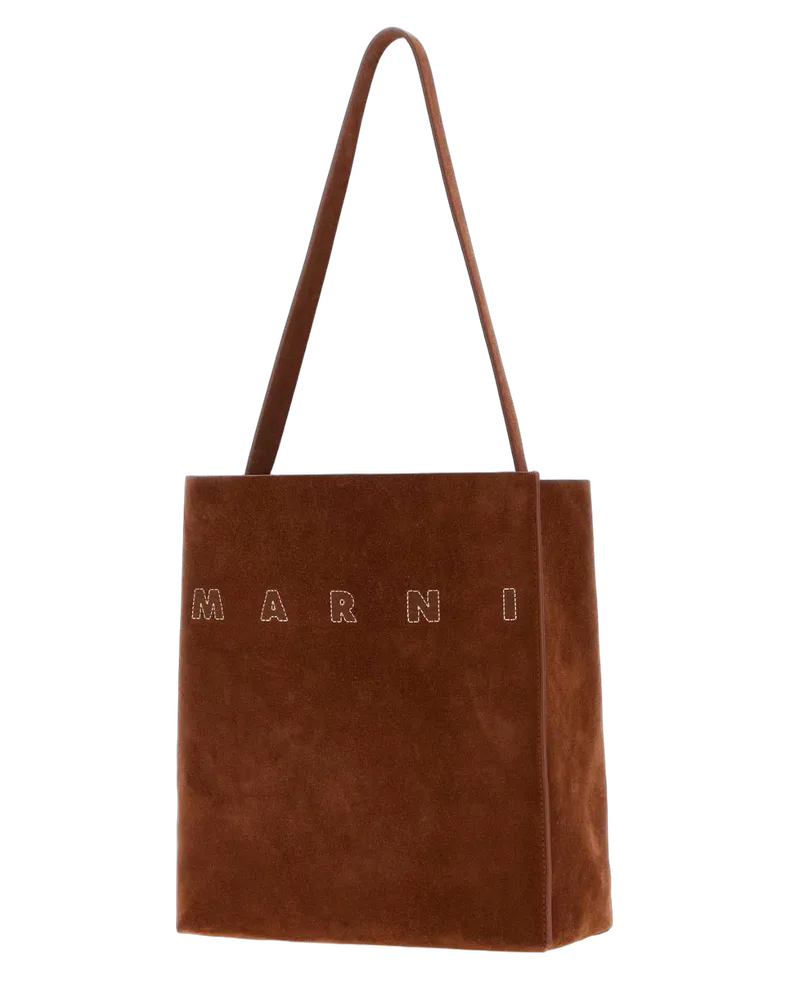 Marni Women's Caramel Suede Small Museo Shoulder Bag Olive Exterior: Bovine Leather Clutch Brown