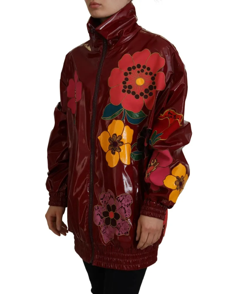 Dolce & Gabbana Maroon Floral Full Zip Polyester Women Jacket Polyurethane Clothing Red