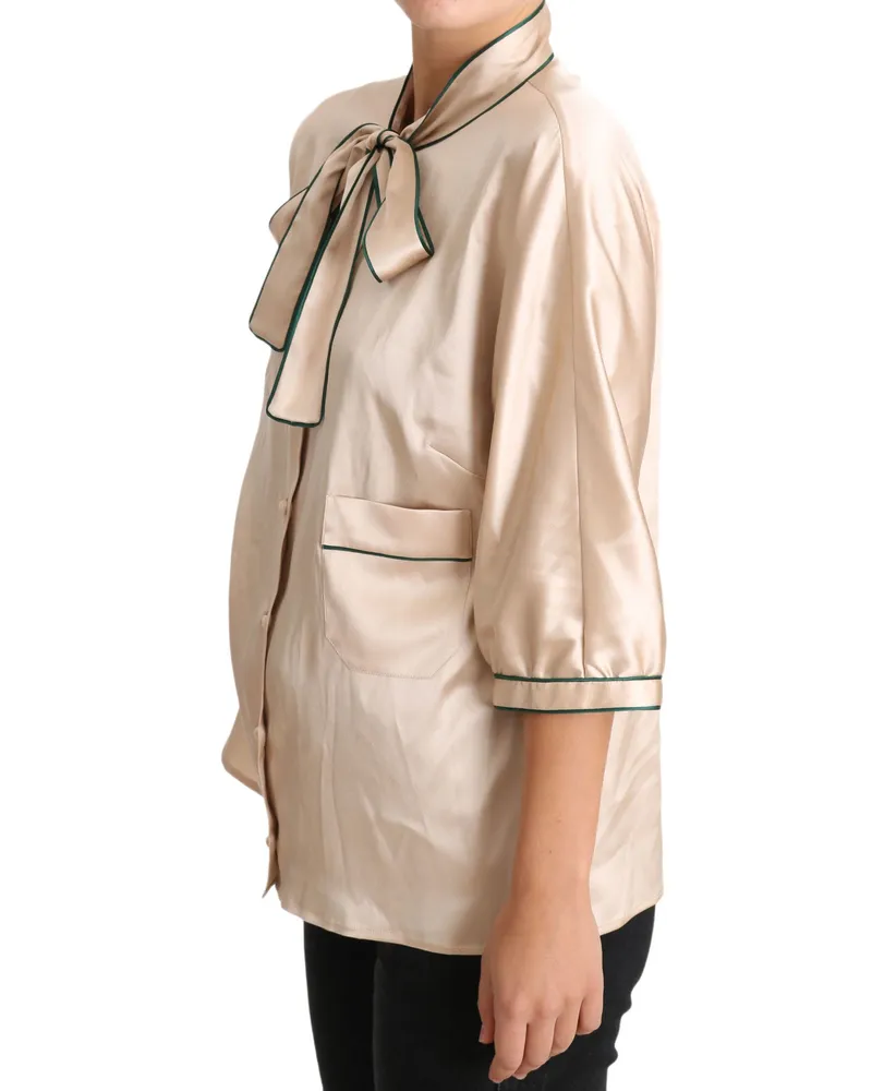 Dolce & Gabbana Women's Beige Ribbon Silk Stretch Top Blouse Elastane Beige