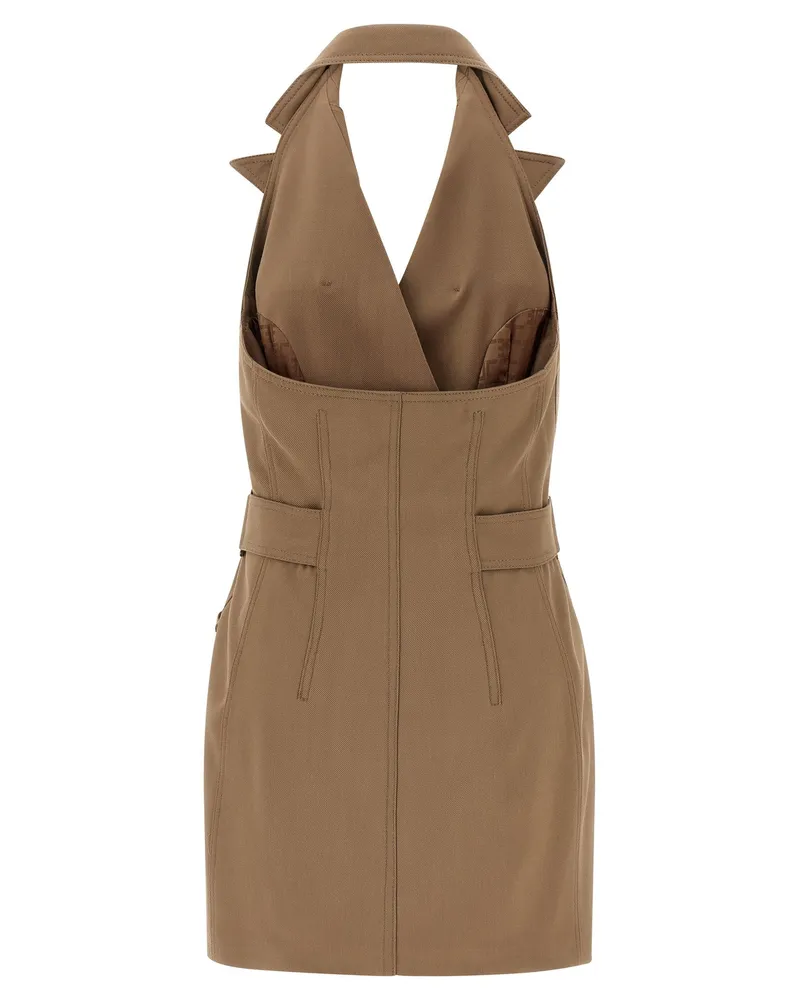 Elisabetta Franchi Double-Breasted Gabardine Vest Dress — Camel Camel