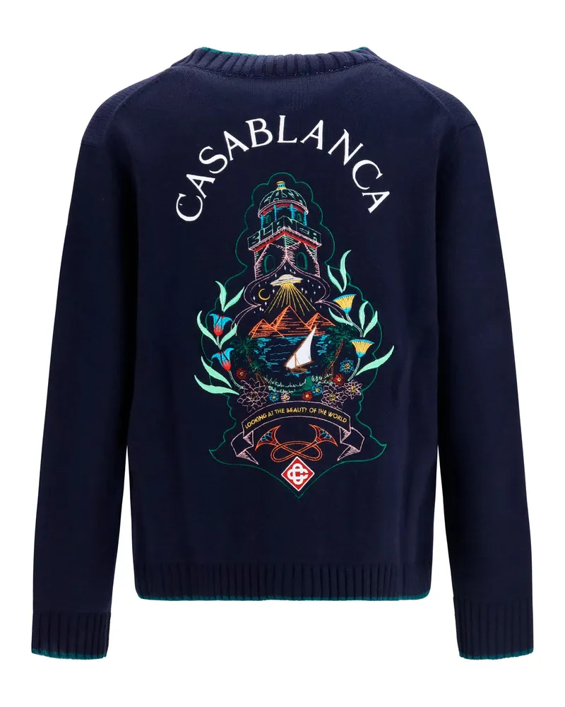 Casablanca Paris Men Cardigan Hotel Crest Multicolour Merino Wool (ovis Aries) Sweater Navy