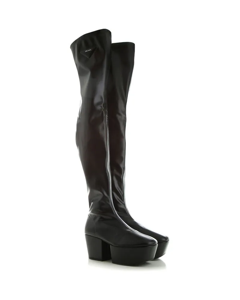 Prada Women's Black Calfskin Over The Knee Shoe Black