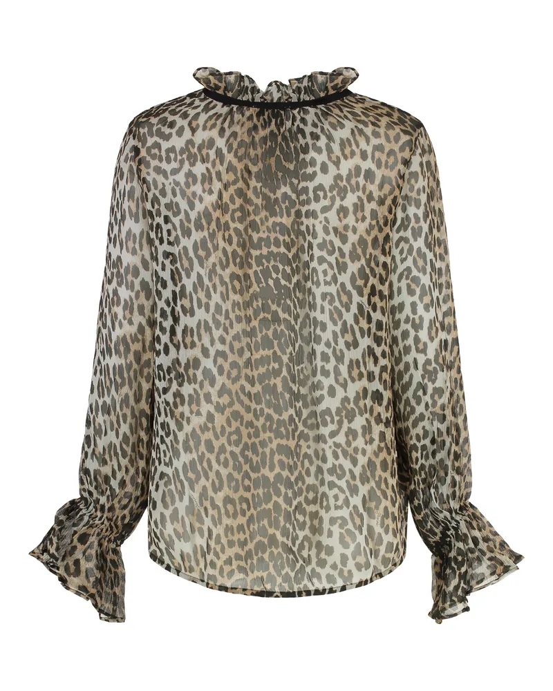 Ganni Women's Viscose Blouse With Tie Neck Ribbon Animalier Blouses Shirt Brown