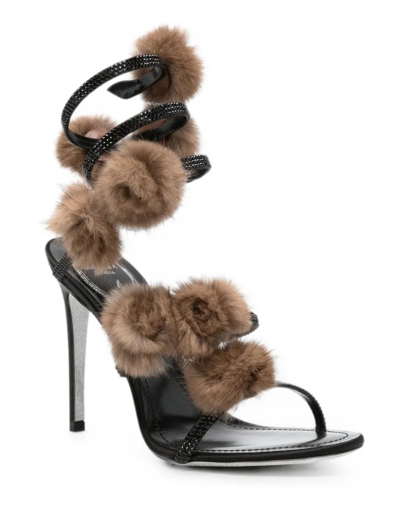 René Caovilla Embellished Fur-Trimmed Sandal — Black Black