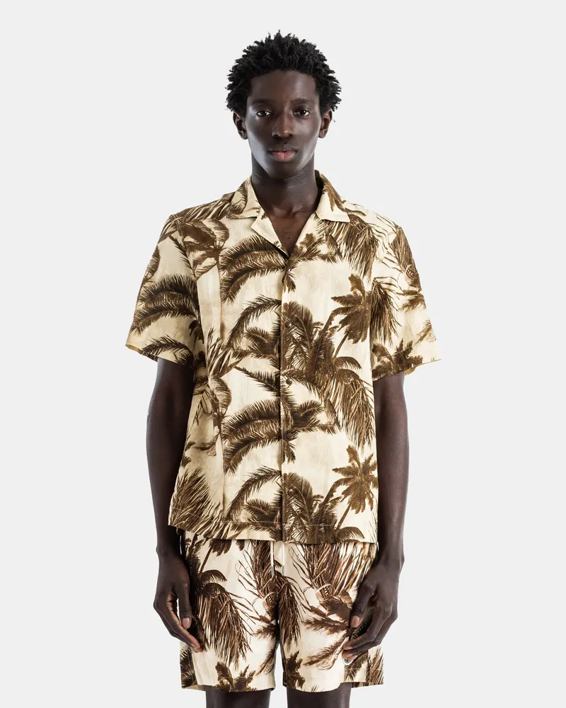 Moncler Men Sepia Palm Print Cotton Linen Short Sleeve Shirt Beige