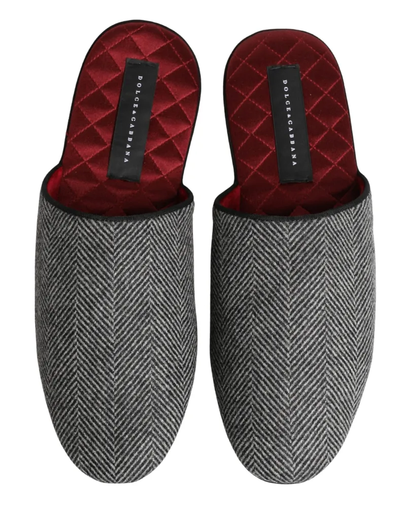 Dolce & Gabbana Men's Grey Herringbone Cashmere Red Slippers Shoes Gray Blend Gray