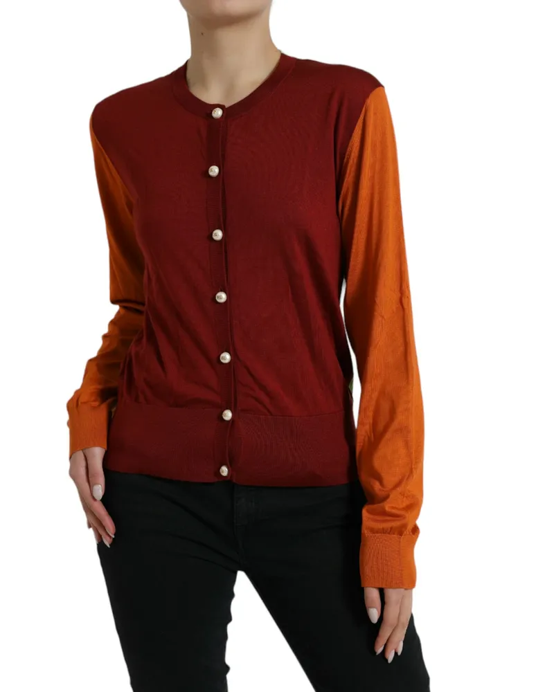 Dolce & Gabbana Women's Multicolor Cardigan Block Silk Crewneck Sweater Clothing Red