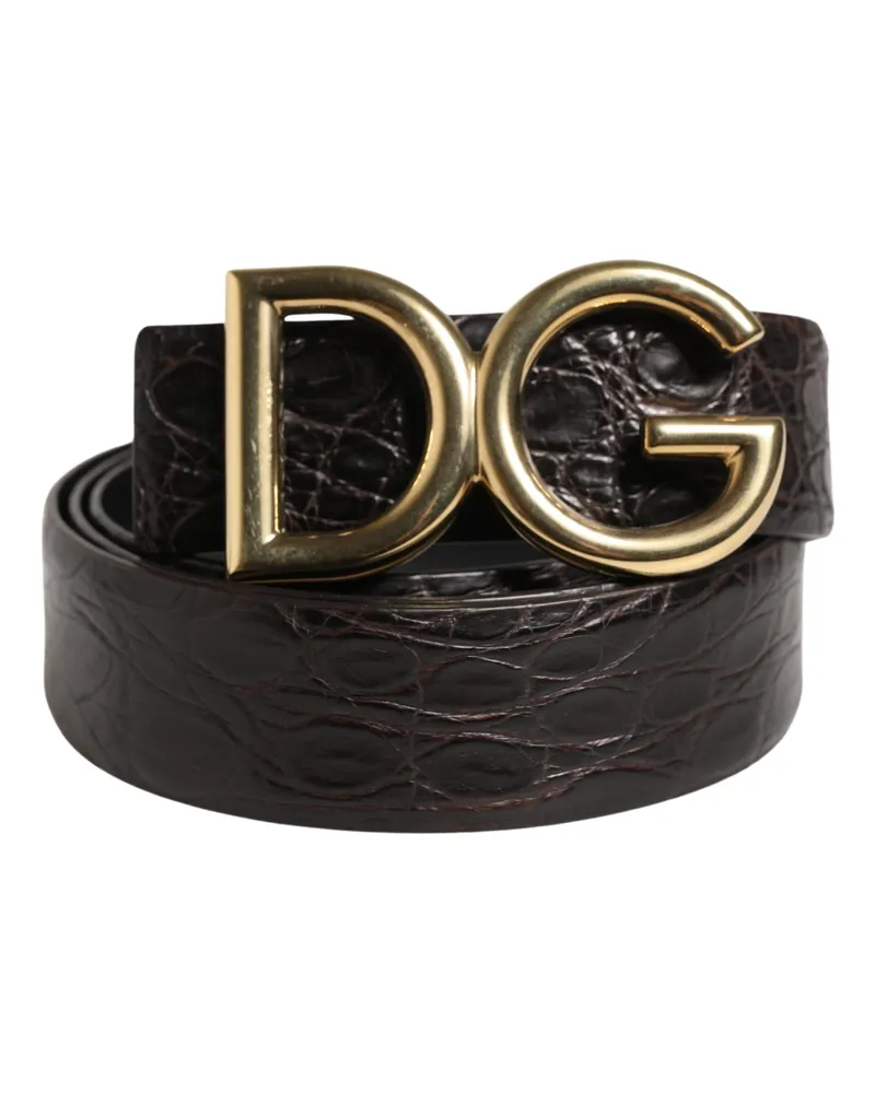 Dolce & Gabbana Men Black Exotic Leather Logo Buckle Belt Caiman Black