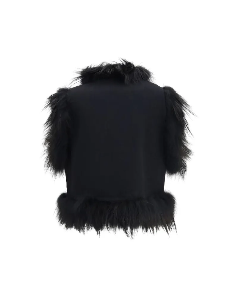 Fendi Embroidered Wool with Fur Collar Vest — Black Black