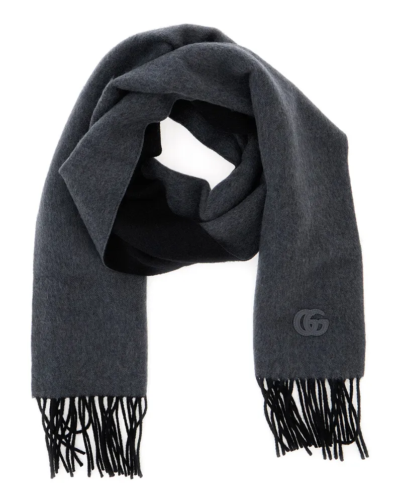 Gucci Men's Scarf With Gg Patch, Grey Cashmere Scarfs Gray