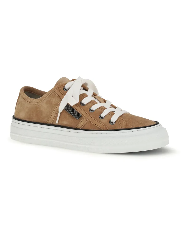 Brunello Cucinelli Women's Shiny Tab Suede Sneakers Bisque Beige
