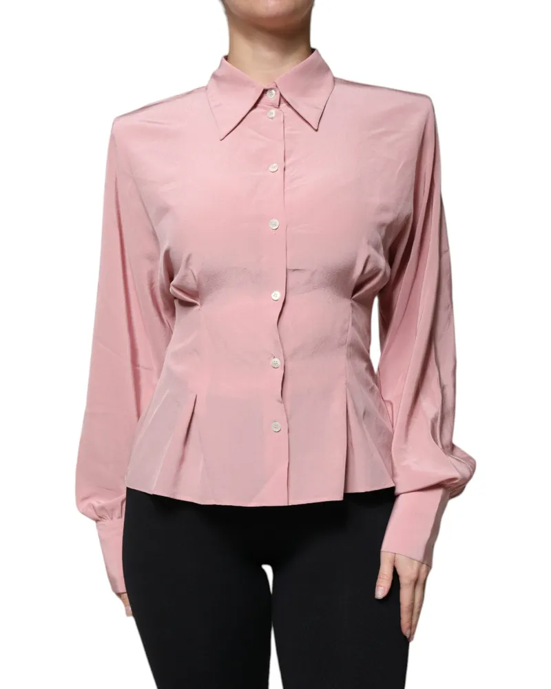 Dolce & Gabbana Women Pink Cotton Long Sleeves Collared Blouse Top Silk Pink