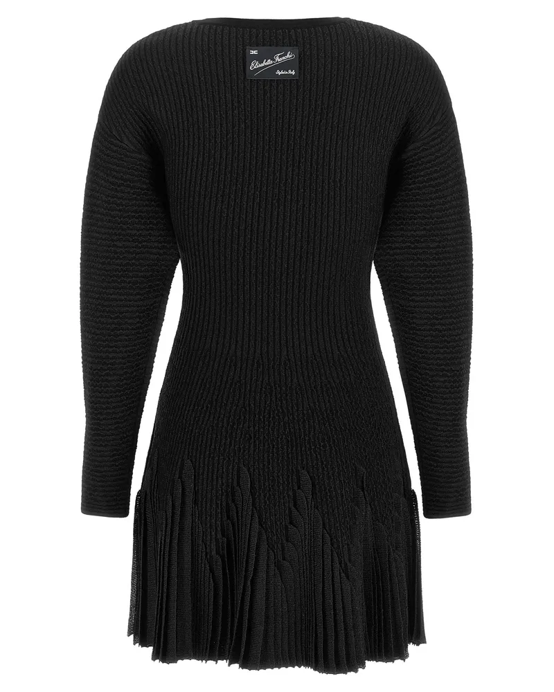 Elisabetta Franchi Ribbed Knit Pleated Dress — Black Black