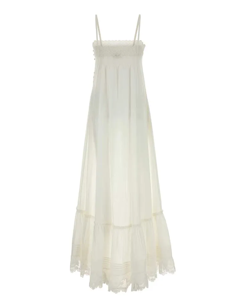 Saint Laurent Smocked Cotton Dress — White White