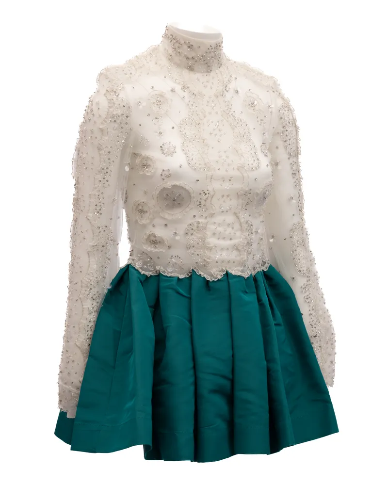 Valentino Garavani Women's White Beaded Lace Mini Dress With Teal Skirt White