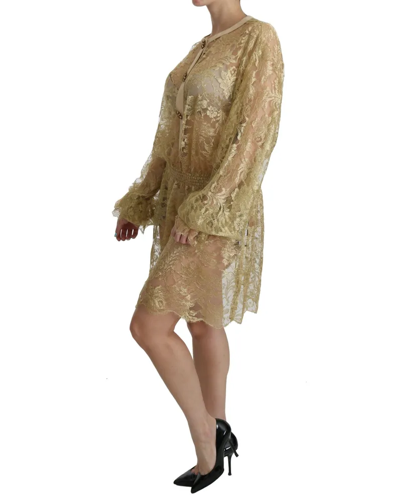 Dolce & Gabbana Women Gold Lace See Through A-Line Knee Length Dress Cotton Nylon Silk Gold