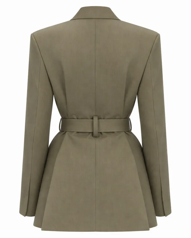 Victoria Beckham Tailored Wool Blend with Belt Blazer — Green Green