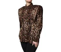 Women's Brown Leopard Silk Button Down Coat Jacket Elastane Polyester Clothing
