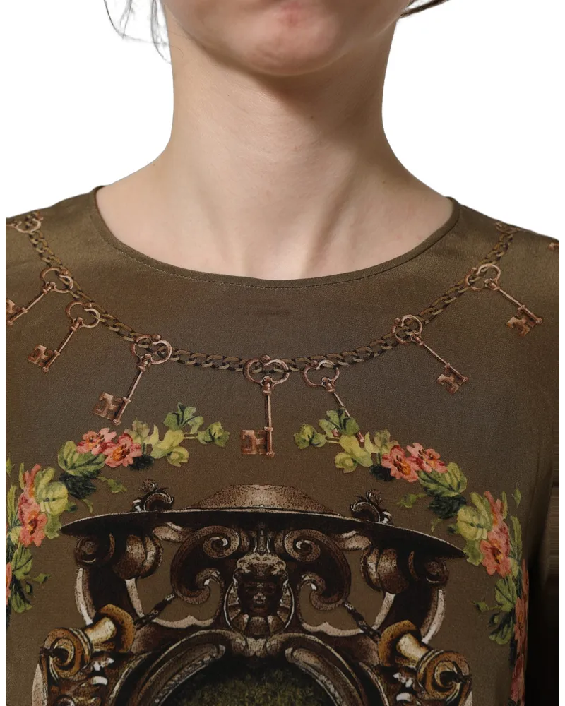 Dolce & Gabbana Women's Brown Keys Roses Printed Silk Blouse Top Brown