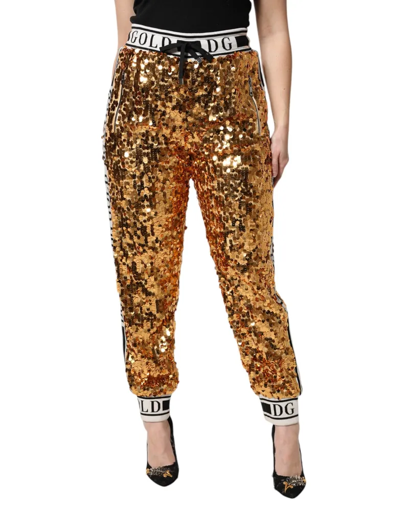 Dolce & Gabbana Women's Metallic Gold Dg Logo Sequined Jogger Pants Polyester Gold
