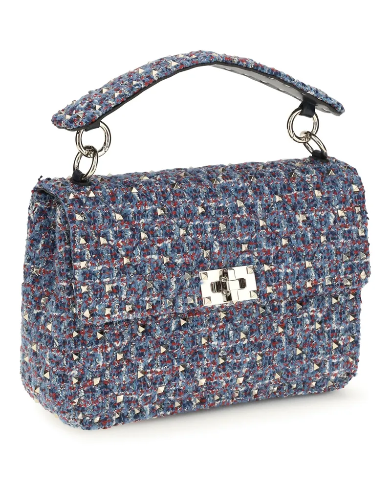Valentino Garavani Women's Rockstud Spike Tweed Handbag Blu-Rosso-Avorio-Dark Sapphire Fabric Handbags Blu-rosso-avorio/dark Hand Bags Blue