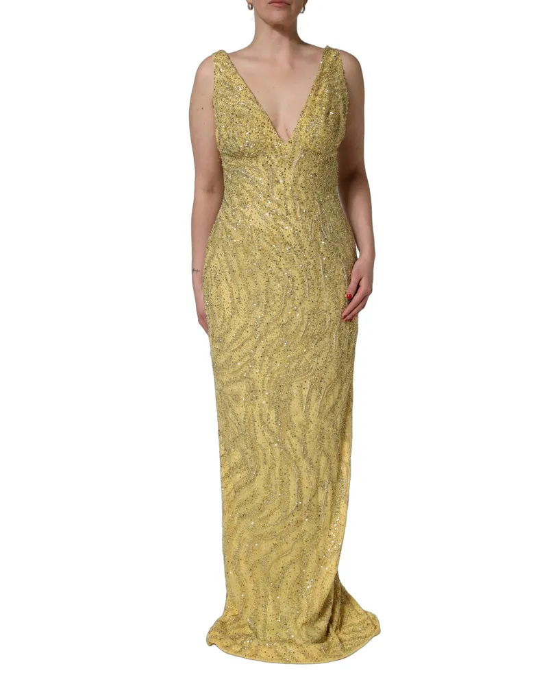 Dolce & Gabbana Women Gold V-Neckline Mermaid Sequinned Gown Dress Gold