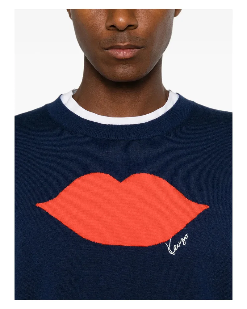 Kenzo Lips Intarsia Short-Sleeved Wool-Blend Knit Sweater — Navy Navy