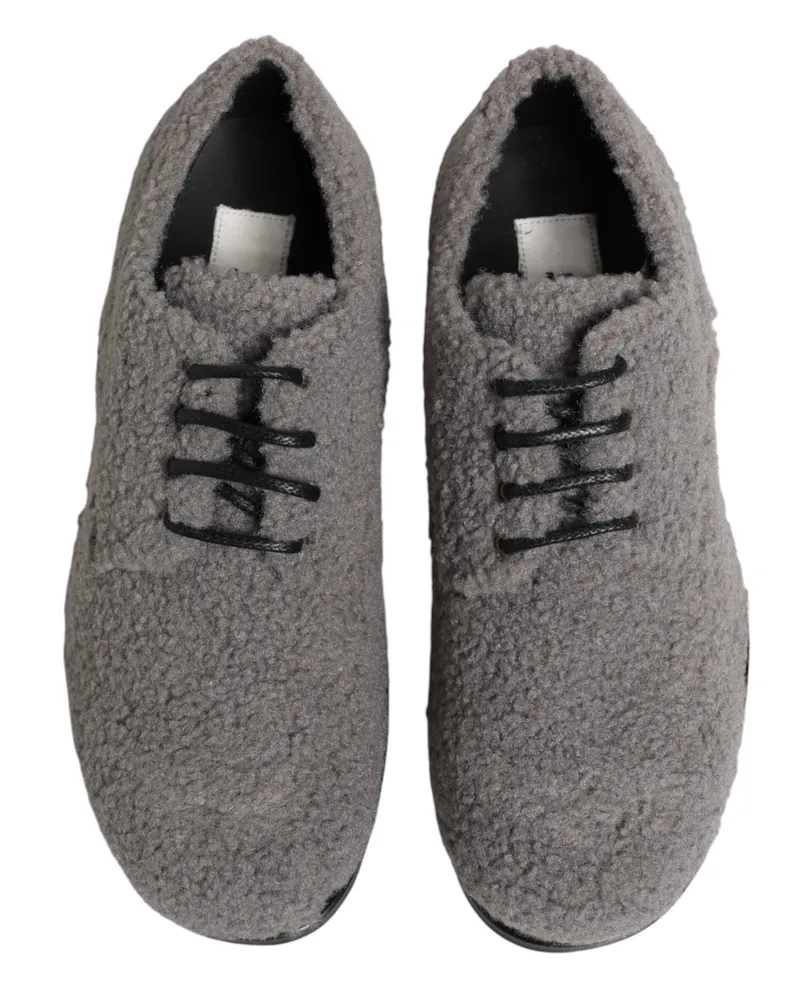 Dolce & Gabbana Gray Fleece Lace Up Men Derby Dress Shoes Leather Gray