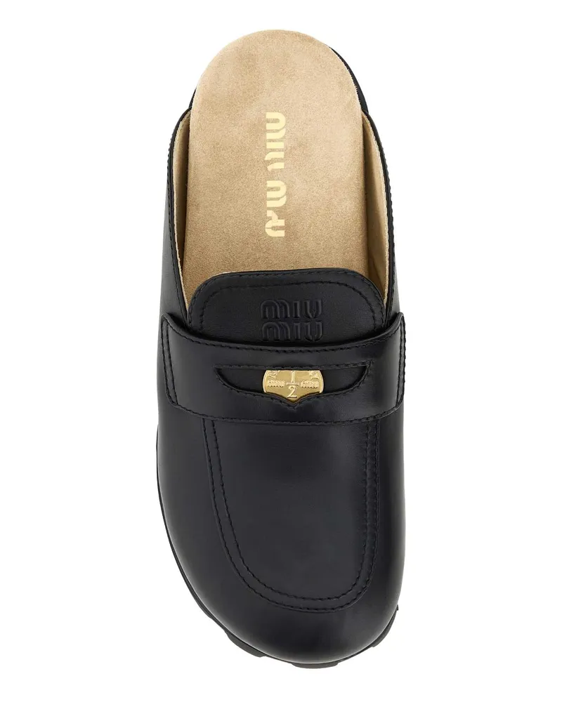 Miu Miu Women's Black Leather Slippers Nero Flat Shoes Black