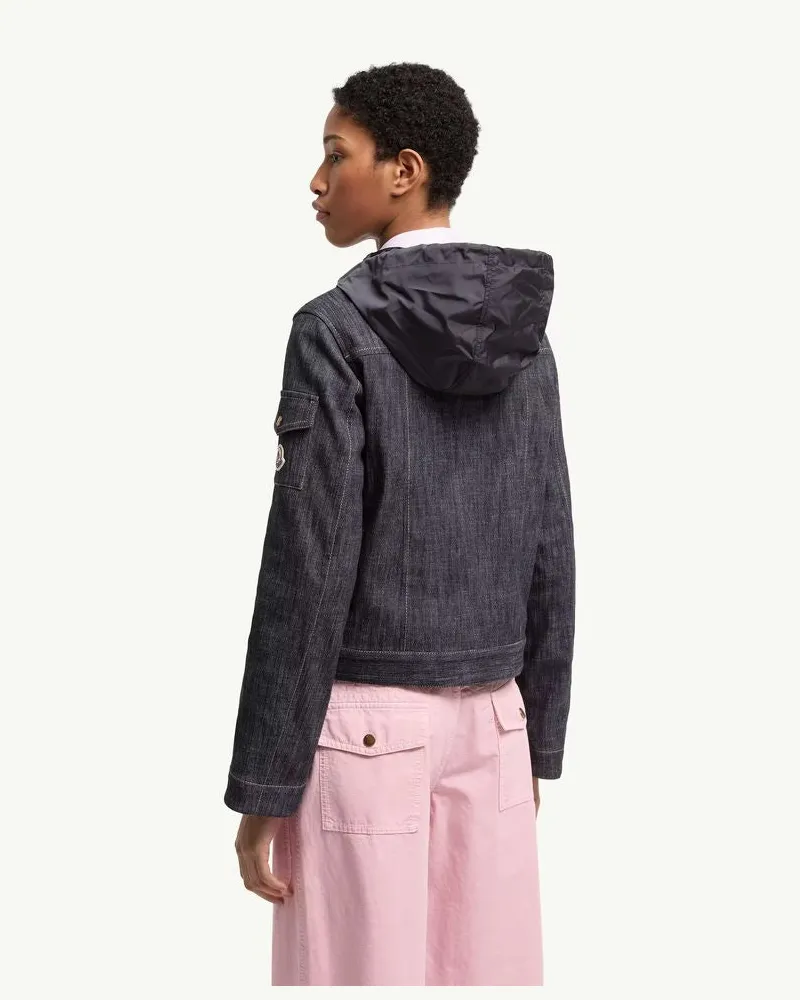 Moncler Double-Breasted Denim with Hood Jacket — Blue Blue