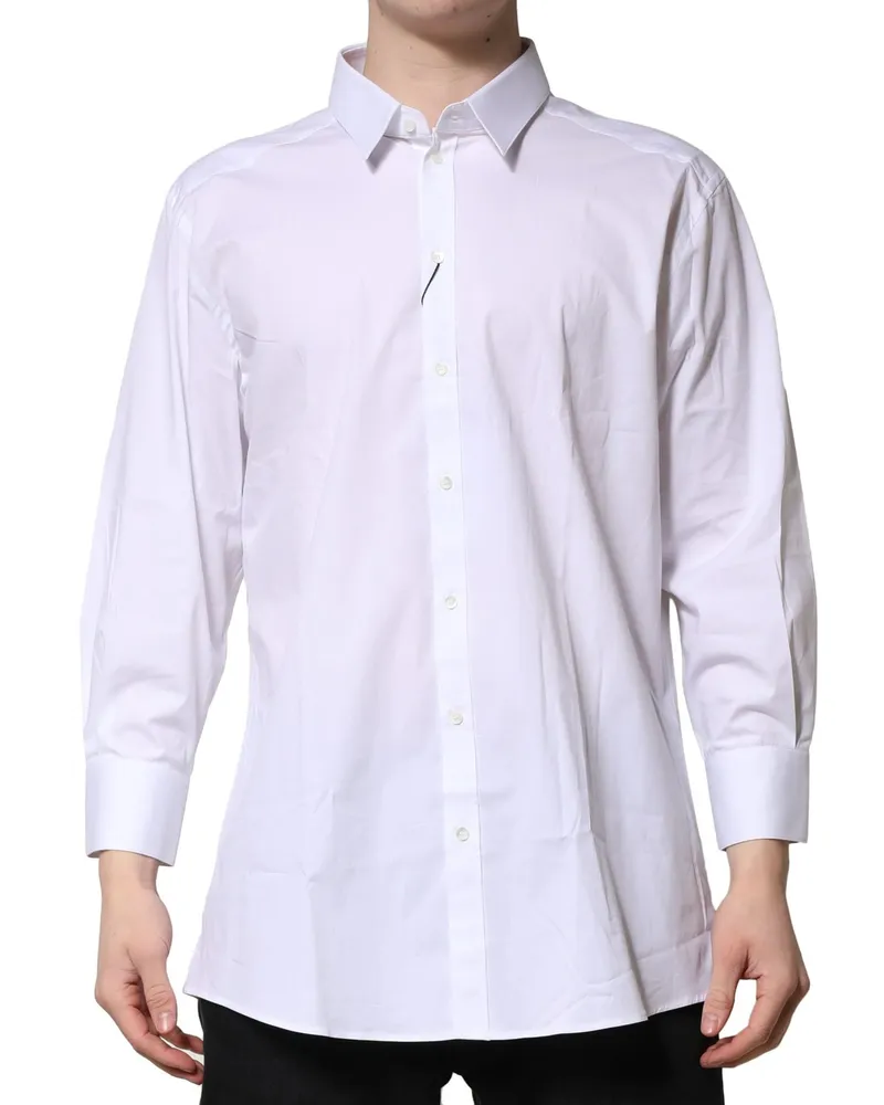 Dolce & Gabbana Men's White Gold Long Sleeves Dress Formal Shirt Cotton Elastane White