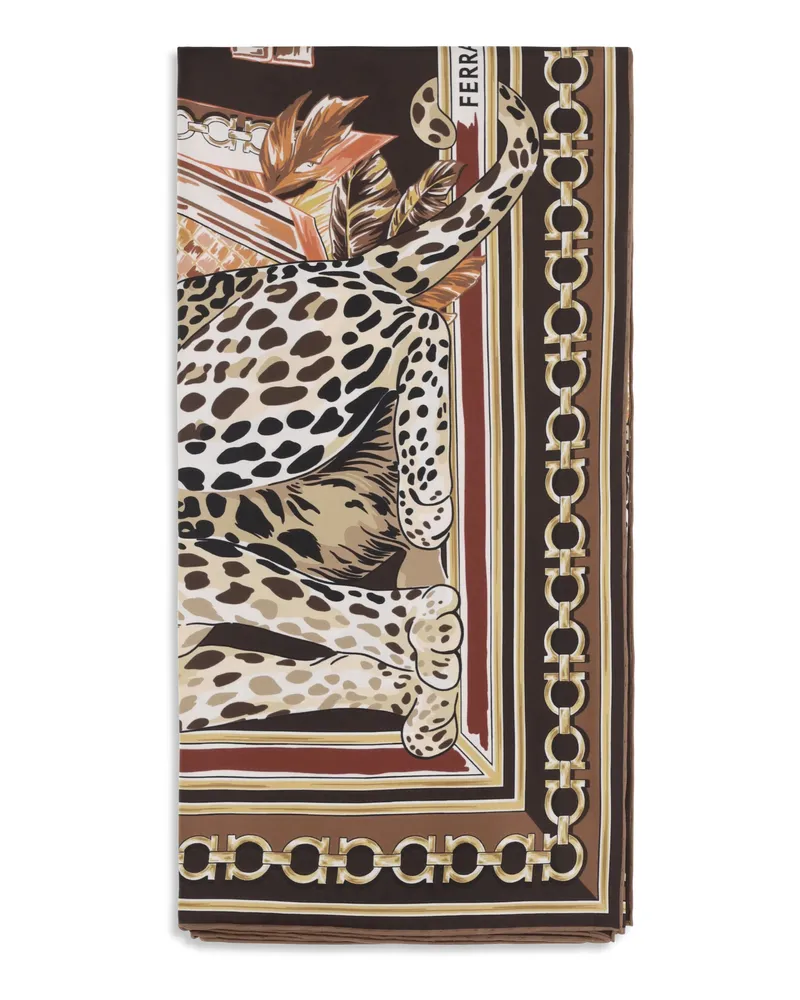 Ferragamo Leopard-Print Silk Scarf — Brown Brown