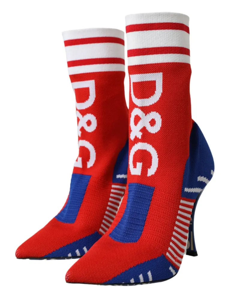 Dolce & Gabbana Women's Red Blue Stretch Sock Style Short Boots Logo Shoes Polyester Calf Red