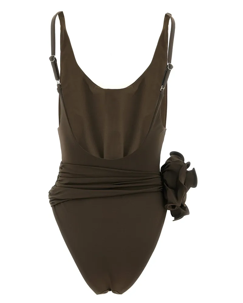 Magda Butrym 3D Floral Waist Application One-Piece Swimsuit — Brown Brown